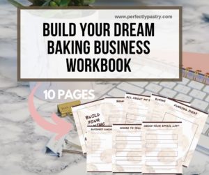 Plant and keyboard with images of a workbook with the words build your dream baking business workbook