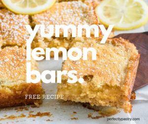 picture of lemon bars with lemons in the background with yummy lemon bars free recipe written on it